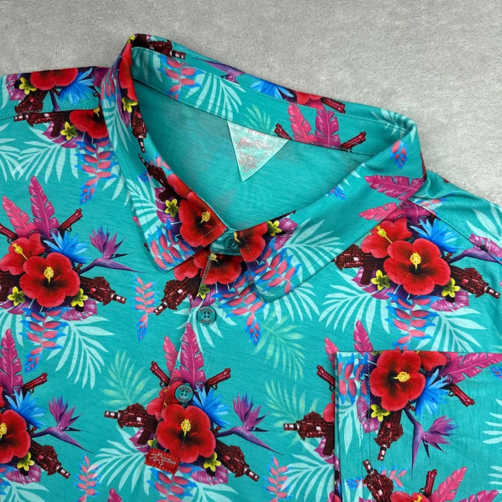 Retro Rifle Polo Shirt Mens 3XL Teal Floral Tactical Gun Print Performance Golf